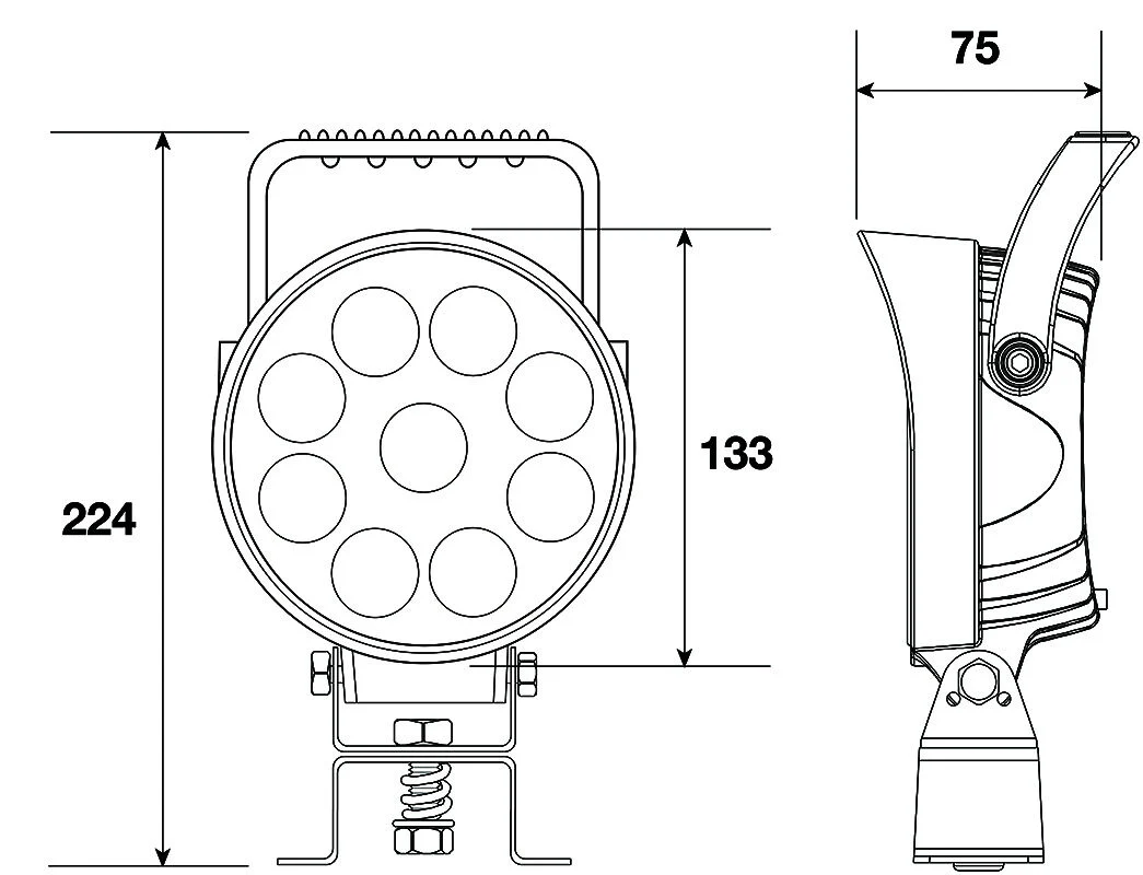 5.2" Round LED Worklamp With Handle & Switch, 9-36V, 27W, 9 x LEDs, 2,250 Lumens Spot Beam